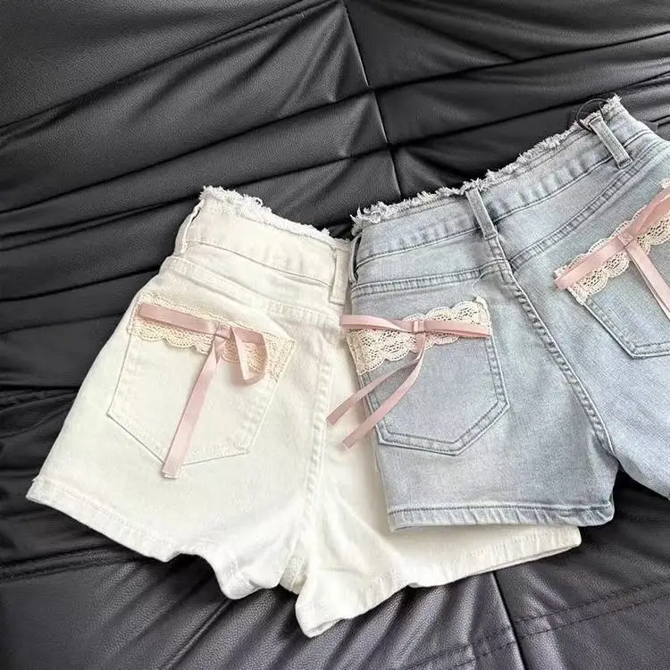 

Summer Sweet Hot Girl Bow Lace Denim Shorts Women Y2K Harajuku Slim Fit Pants Summer Vintage Grunge Fashion Shorts New