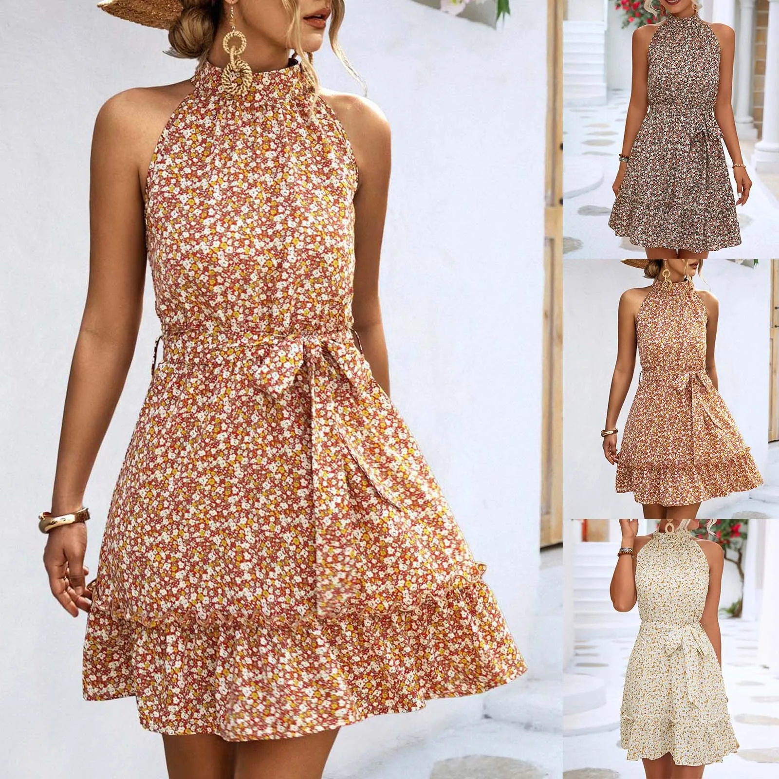 Beach Floral Print Halter Ruffles Mini Dress 2024 nuove donne elegante senza maniche telai Party Dress Summer Vintage Sundresses