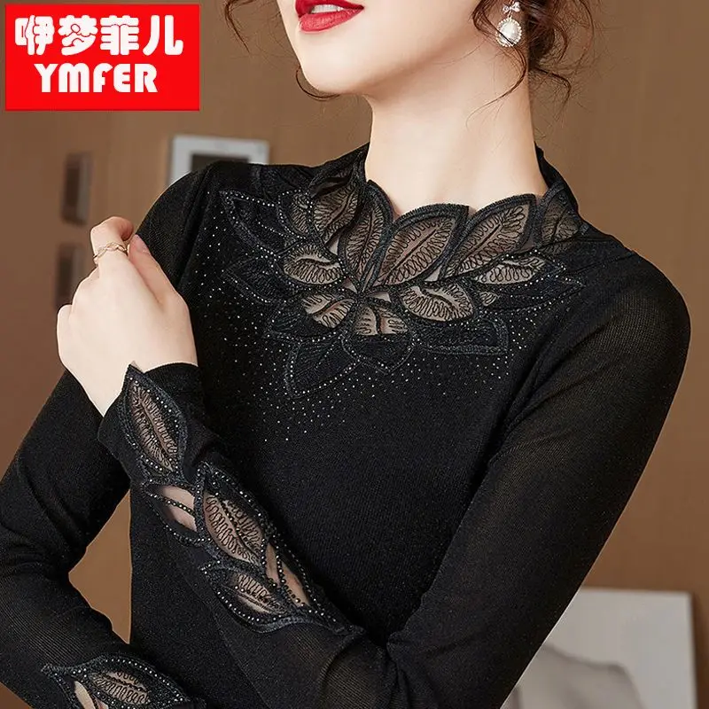 Women Autumn Winter Simplicity Slim Fleece Solid Color Mock Neck Long Sleeve Lace Bottoming Shirt Ladies Elegant All-match Tops