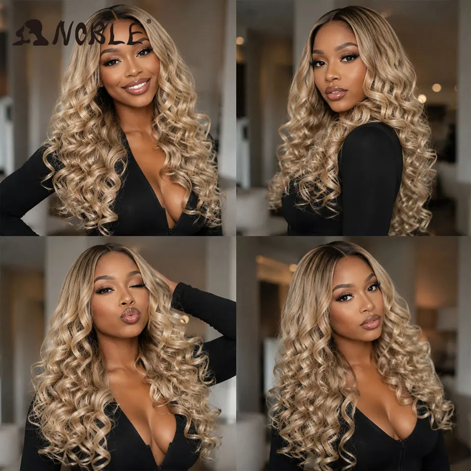 NOBLE 13X4 Lace-Front-Synthetikperücke, 28 Zoll, Ombré-Blond, lockige, lockere Frisur, mit Pony, hitzebeständig, TikTok-Perücke für schwarze Frauen, für den täglichen Gebrauch. – Detail 5
