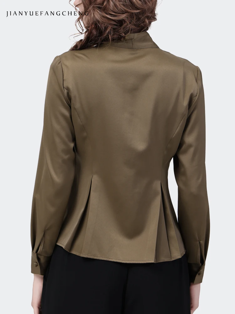 Satin Top Womens Long Sleeve Olive color Shirt 2024 Spring Summer Tops Elegant Slim V-neck Cinched Waist Blouses