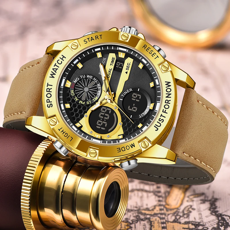 LIGE FOXBOX Fashion Electronic Watches for Men Leather Calendar Weeks Analog Casual Sport Waterproof Luminous Digital Man Watch