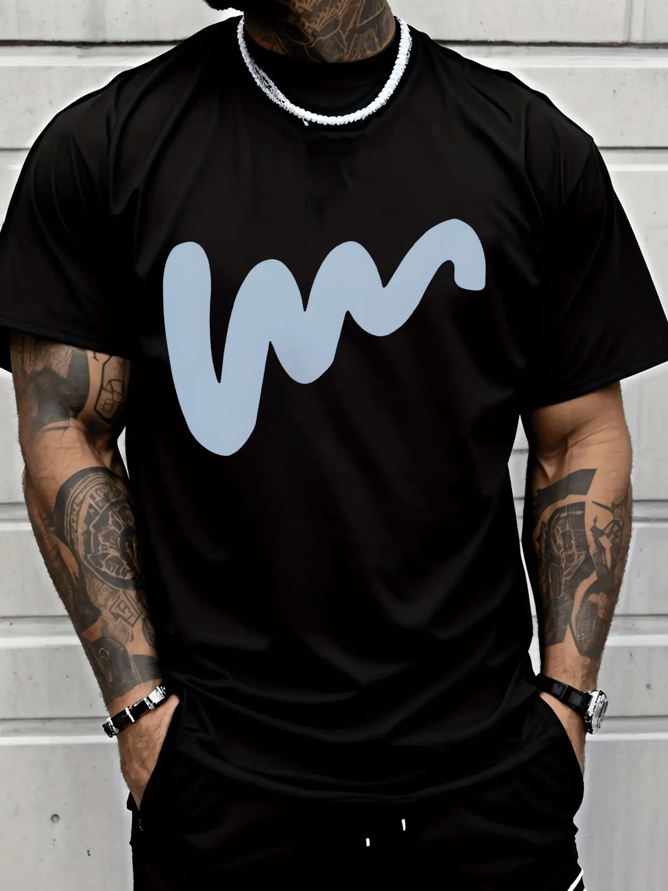 Camiseta Masculina Preta de Gola Redonda com Estampa Minimalista de Linhas Abstratas Onduladas Azul Claro, Estilo Moderno e Simples, Casual, Básica, de Algodão