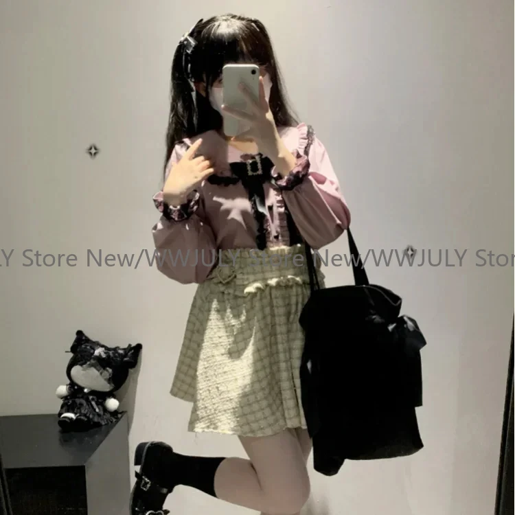 Japanse Zoete Peter Pan Kraag Boog Shirts Vrouwen Lente Nieuwe Hart Knop Blouses Y2k Esthetiek Lange Mouw Kanten Blouse