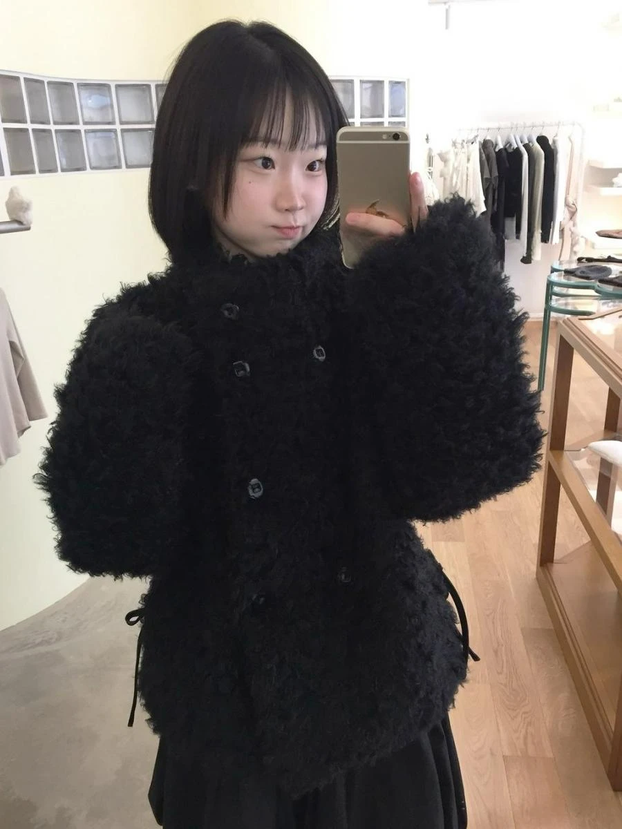 KUSAHIKI Autumn Winter Plush Faux Fur Stand Up Collar Double Breasted Fashion Warm Lambhair Jacket for Women