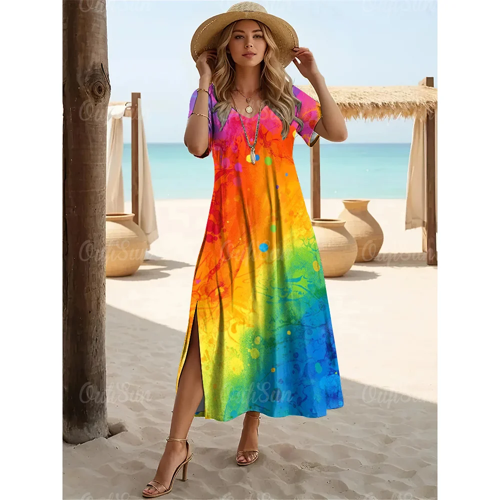 

Women's V-Neck Slit Dresses Colorful Tie-Dye Printed Summer Short Sleeves Long Dress Loose Holidays Clothing Fashions Streetwear