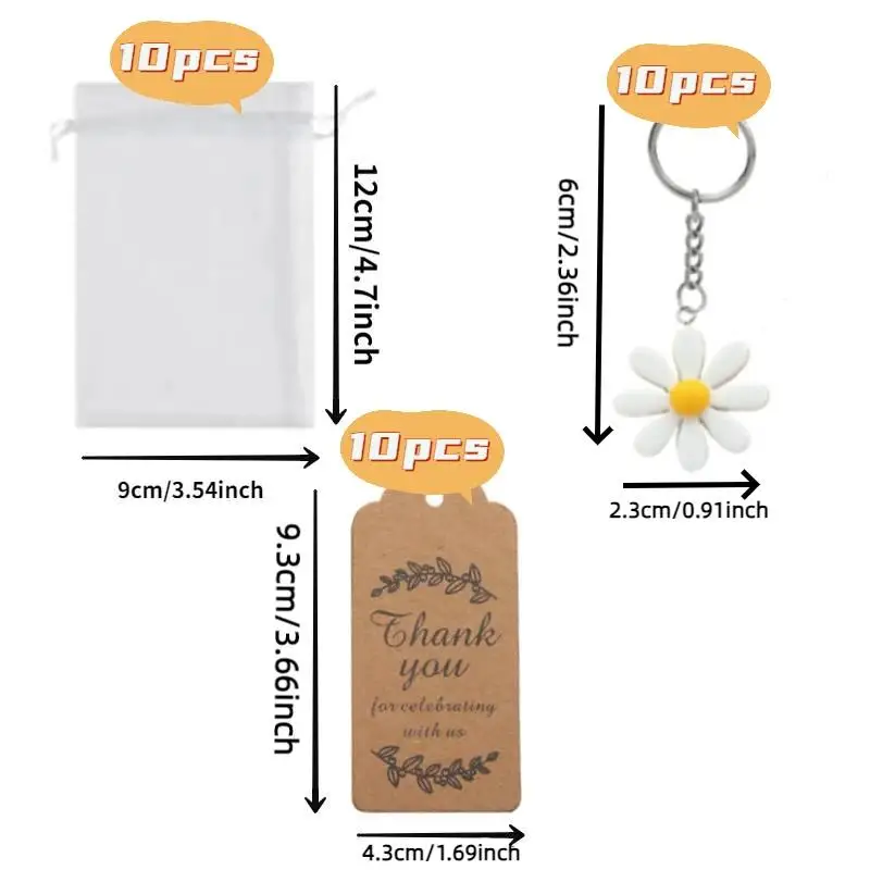 10Sets=30pcs Daisy Party Favors Include Daisy Keychains with Organza Bags Thank You Kraft Tags for  Party Supplies