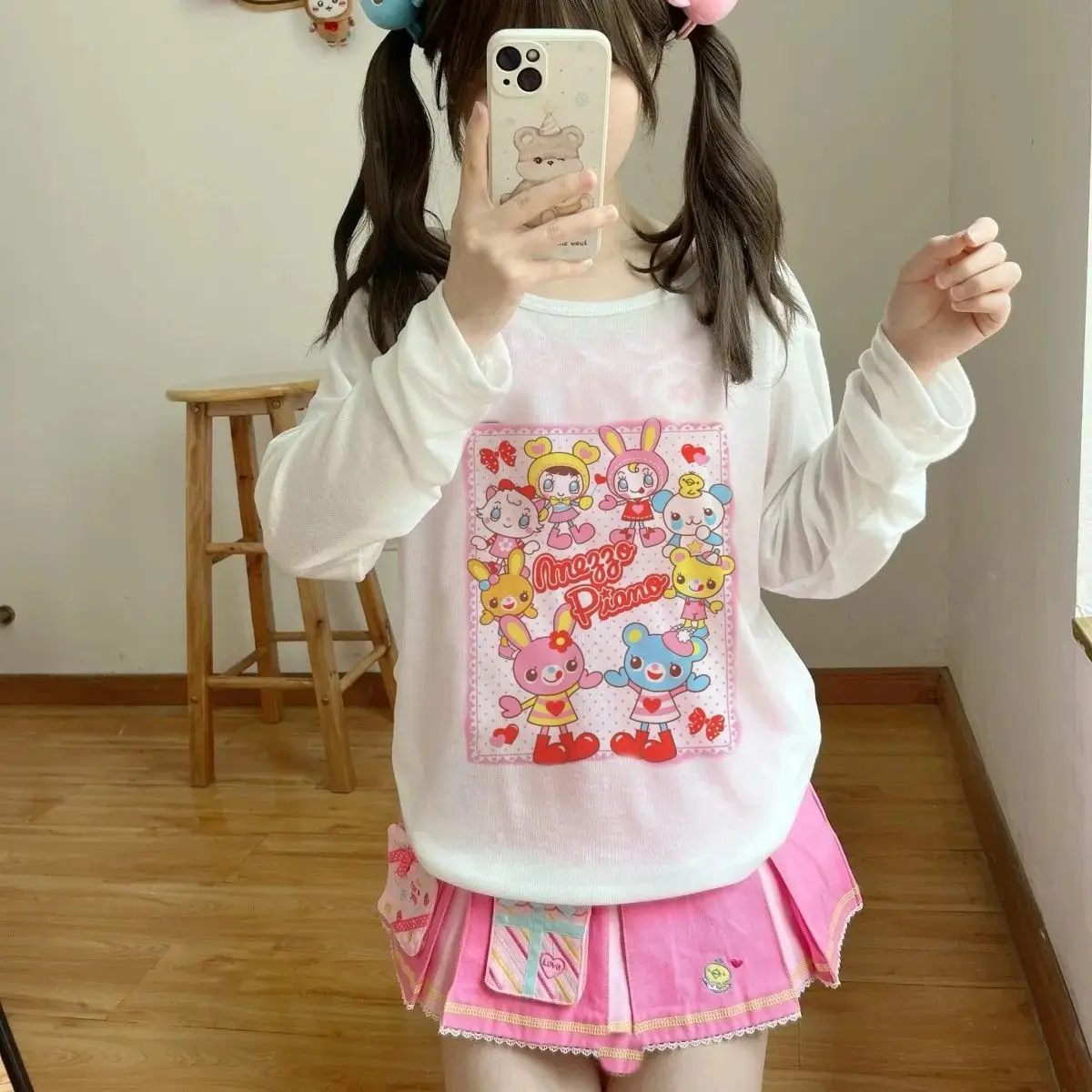 Cartoon Mp Sweet Girl Daughter's Clothing Japanese Cute Core Cartoon Long Sleeved Sunscreen Smock Micro Transparent T-shirt
