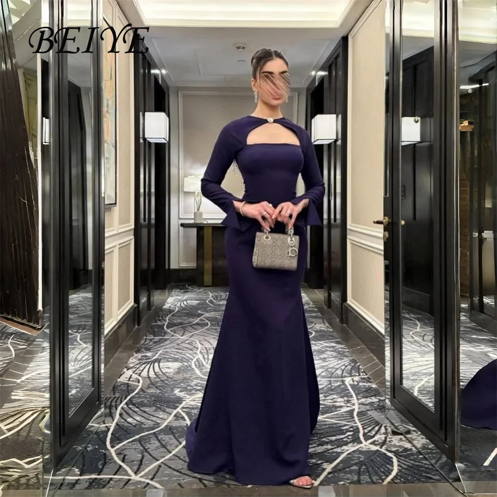

BEIYE Charming Purple Beading Mermaid Evening Dress Long Sleeves O-Neck Open Back Party Gown Customized فساتين سهرات