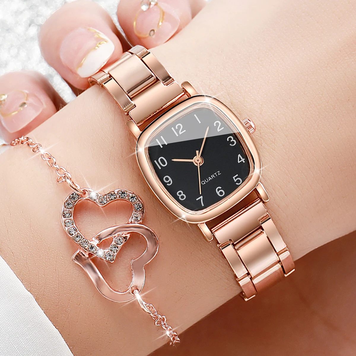 6PCS/Set Fashion Square Women‘s Watch Stainless Steel Band Quartz Watches Heart Jewelry Set（Without Box）