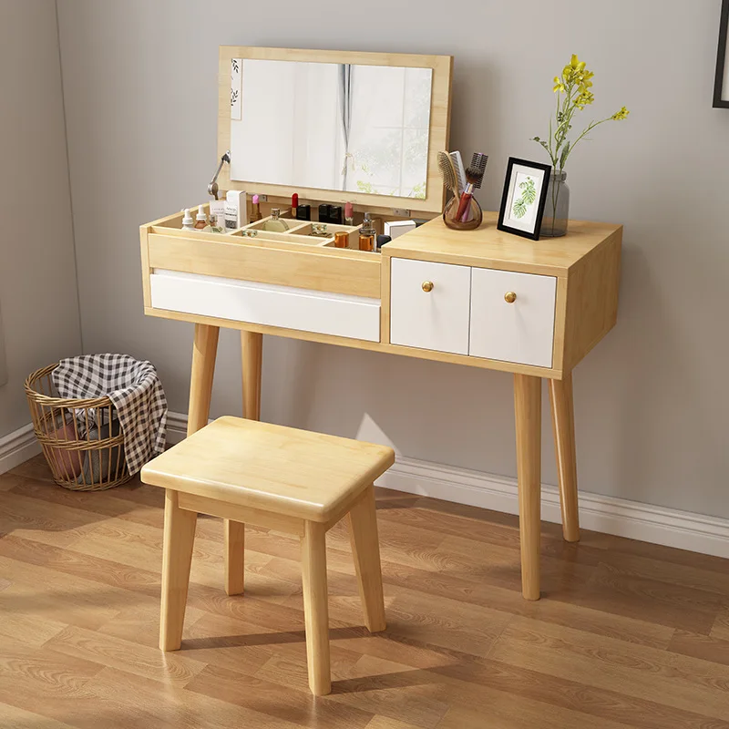 Nordic solid wood dresser clamshell with mirror modern simple small apartment bedroom Internet celebrity ins style makeup table
