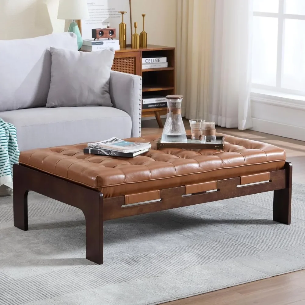 

47.75" Leather Ottoman Coffee Table, Tufted Upholstered Cocktail Ottoman, Large Footrest Ottoman Bench with Solid Wood Frame