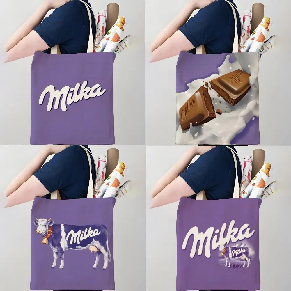 Divertidas bolsas de almacenamiento con logotipo de chocolate M-Milka, bolso de lona, ​​bolso festivo de gran capacidad para picnic, viajes y compras
