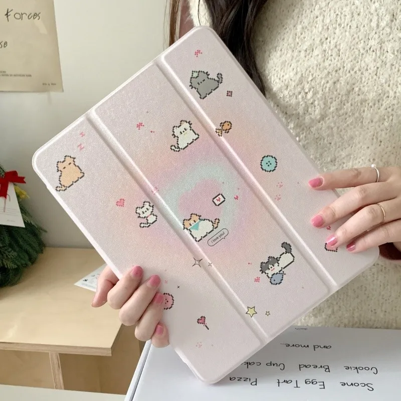 Tri-fold Mirror with Pencil Holder Cute Pixel Art Cat Tablet Case for iPad Mini 6 7 8.3in Air1 2 5 6 Pro 9.7in 2017-2018 Cover