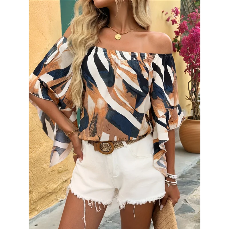 

AOAO-Women's Off The Shoulder Colorful Blouses Dressy Casual Boho Ruffle 3/4 Sleeve Asymmetrical Neck Shirt