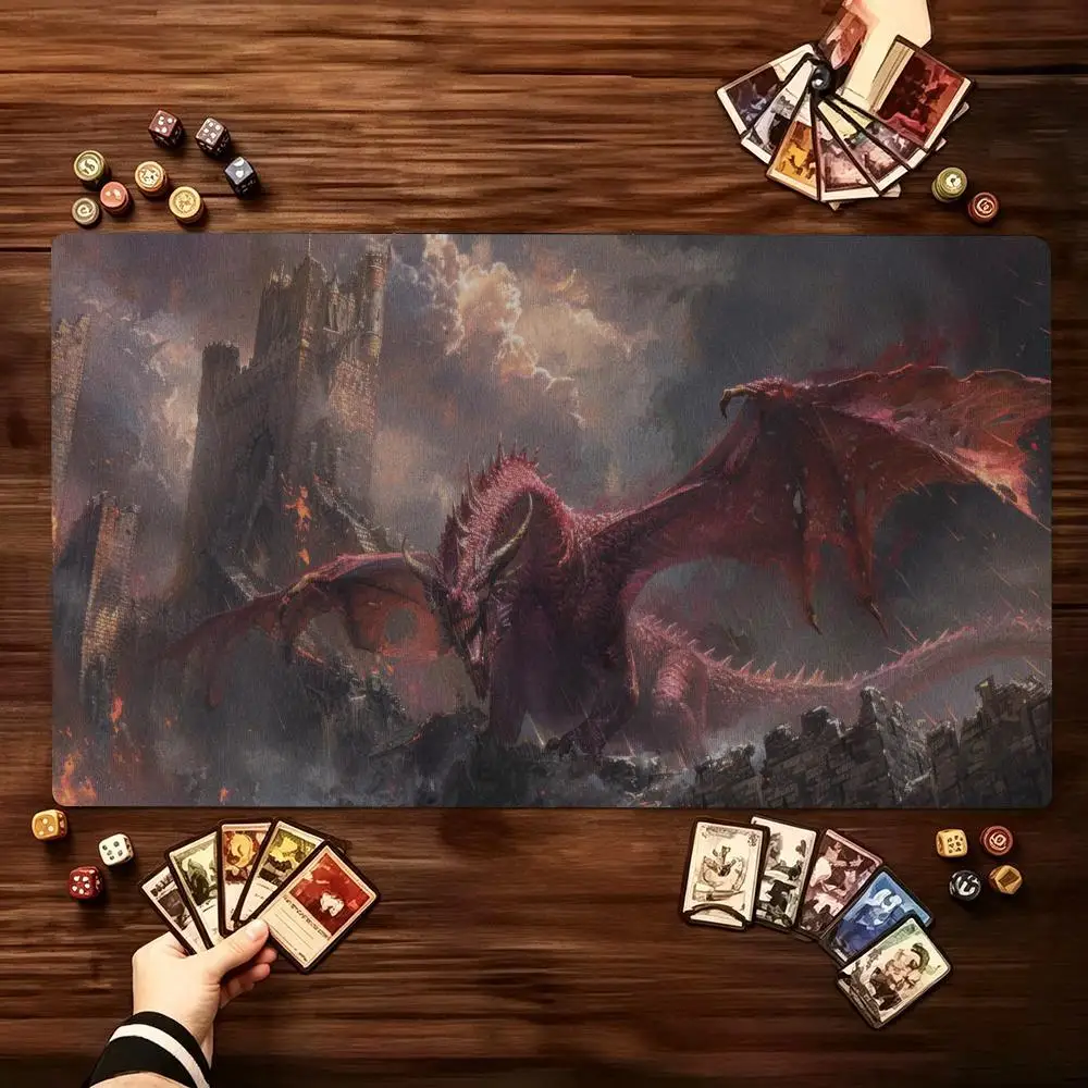 Fantasy Fire Dragon Extended Game Mat Non-Slip Rubber Base Stitched Edges Large Play Mat For Tabletop Trading Card Board Gaming