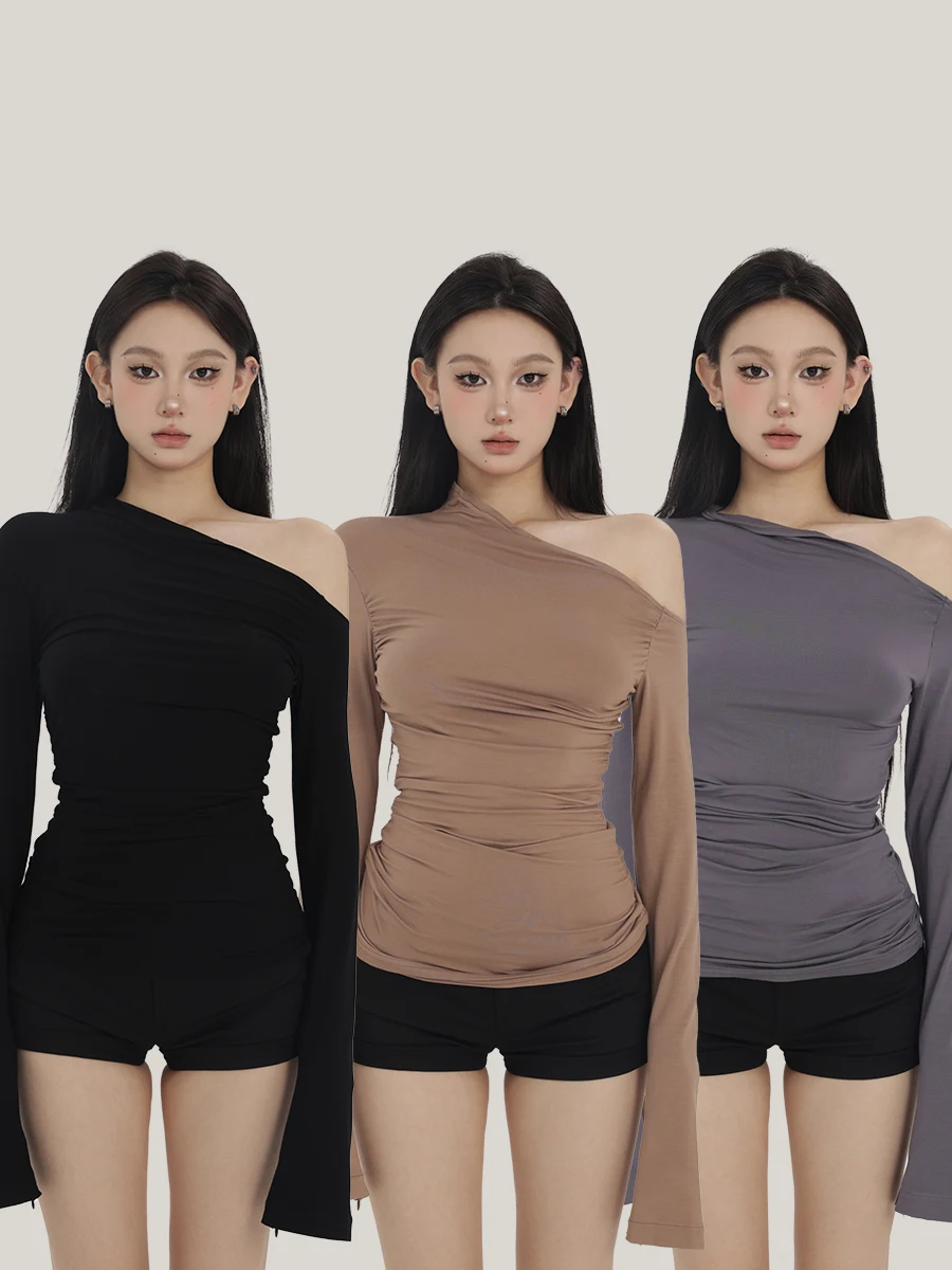 

Женская футболка PEMP Base irt, весенняя новая футболка, универсальная, нерегулярная, с косыми плечами, Long Sve Top Street Sle Cotto...