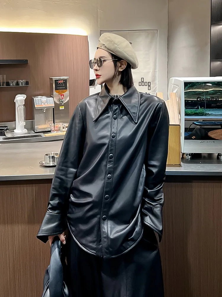 Casaco Casual Feminino de Couro Genuíno Versátil, Jaqueta de Couro de Pele de Carneiro, Tendência de Outono e Inverno