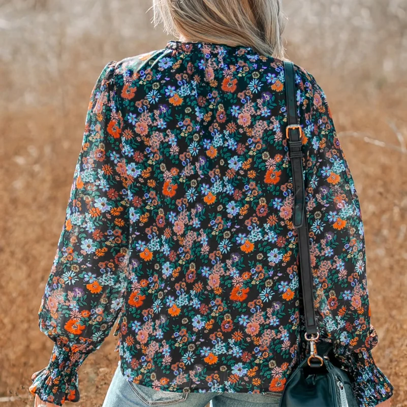 Plus Size Women's Shirt, Flower Print V-Neck, Long Sleeves with Ruffles, Casual Resort Style, Suitable for All Seasons image 3