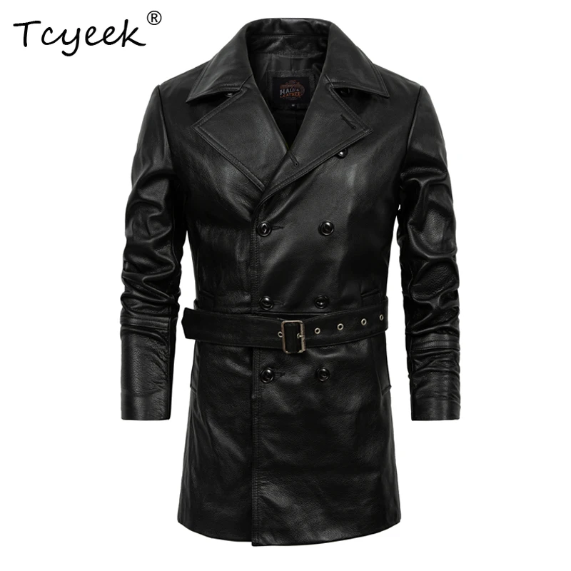 Tcyeek Top Layer Cowhide Coats Men Clothes Real Leather Jacket Man Mid-length Trench Coat Belt Spring Autumn Coat Jaqueta Couro