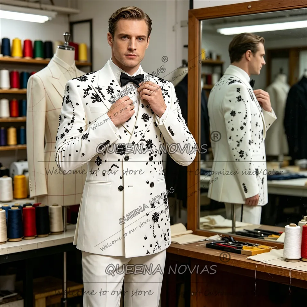 

Luxury Black Diamond Beaded Suit Men For Wedding Double Breasted Jacket Pants 2 Piece Sets Groom Formal Wear Tuxedos Male Outfit