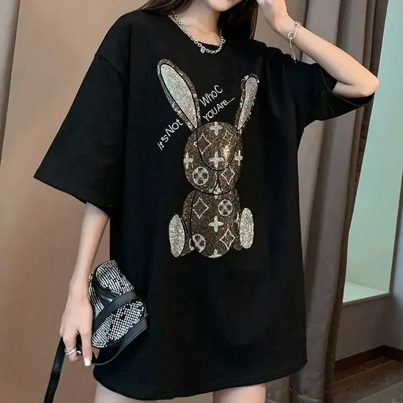 Women's Summer Casual T-Shirt: Diamond Cartoon Print Short Sleeve Tee, Office & Daily Wear