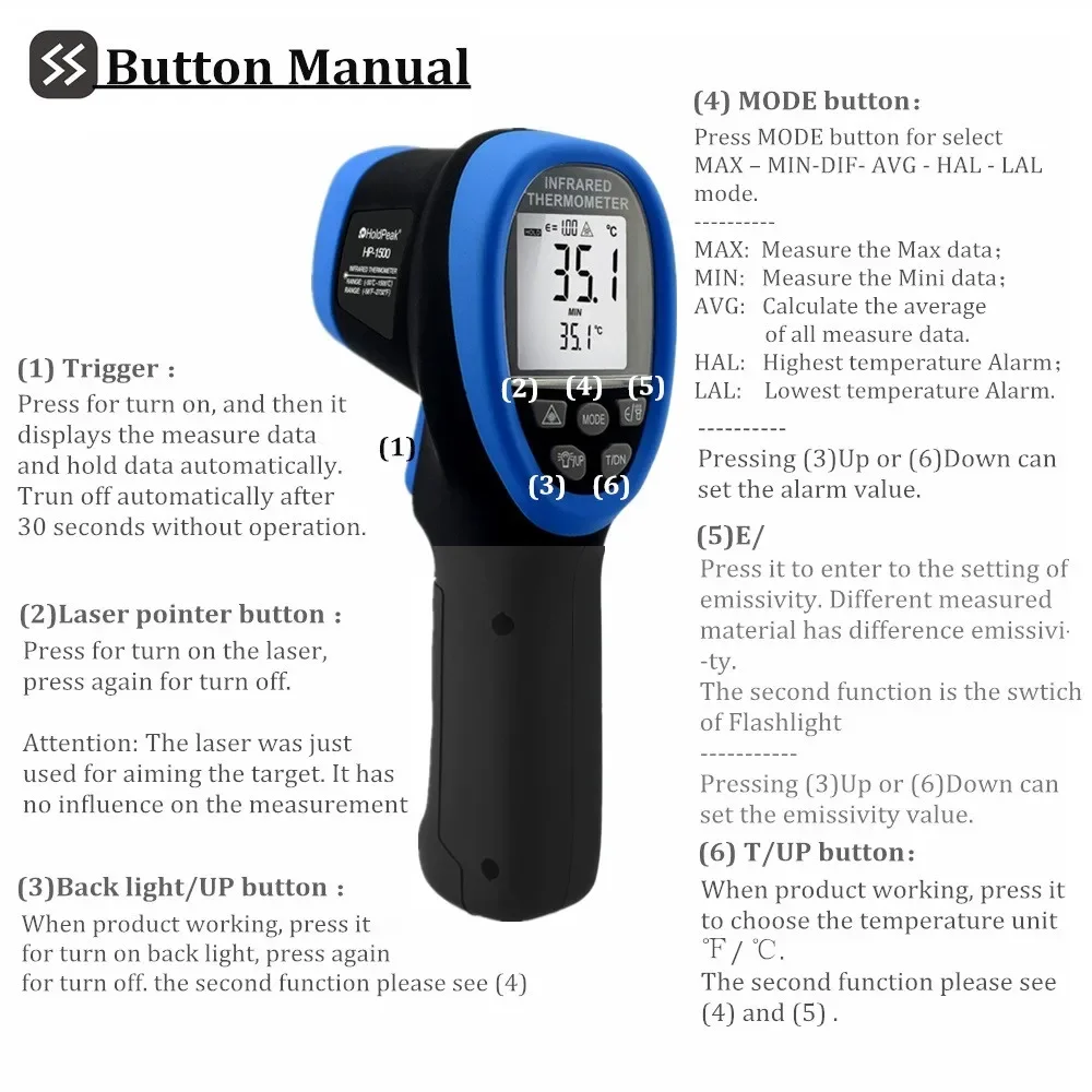 Holdpeak HP-1320 Digital Dual Laser Thermometer Non-Contact LCD Display IR Infrared Digital C/F Selection Pyrometer