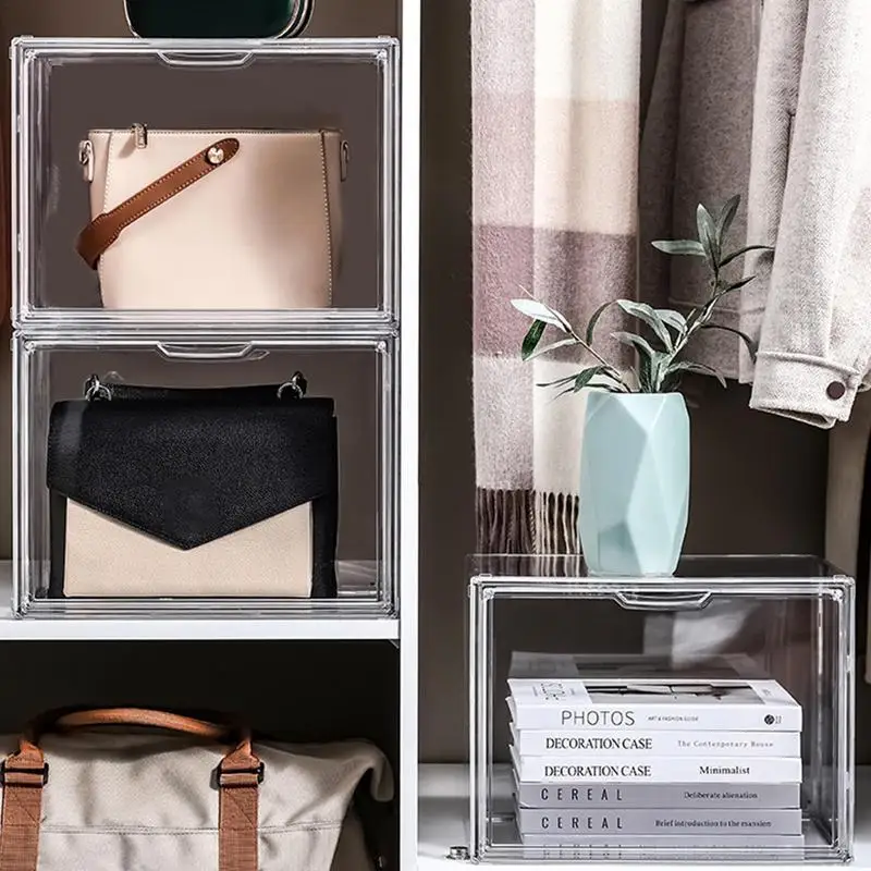 

Clear Purse Storage Box Handbag Display Case Stackable Storage Box Display With Magnetic Door For Handbags Books Shoes Toys