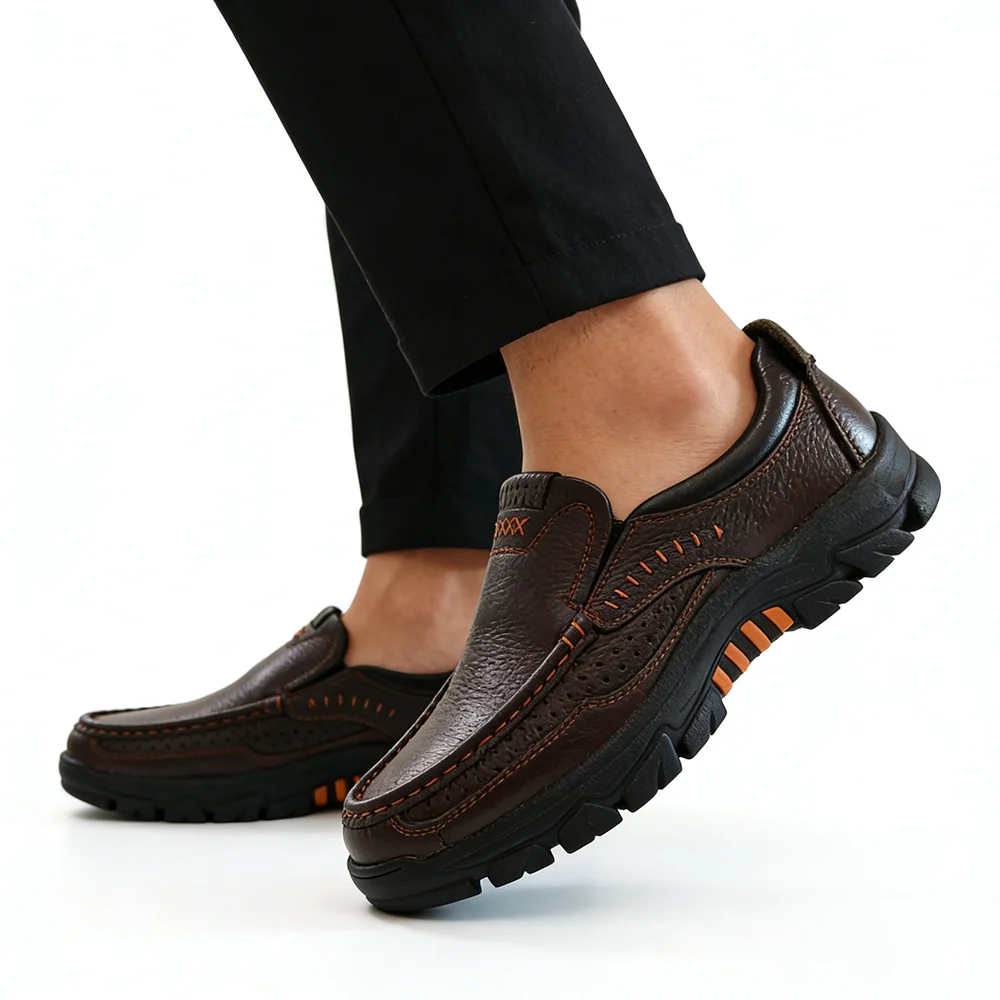 

100% Genuine Leather Mens Casual Loafers Slip-On Loafers Business Work Daily Shoes Thick Sole Cowhide Soft Comfortable DX950
