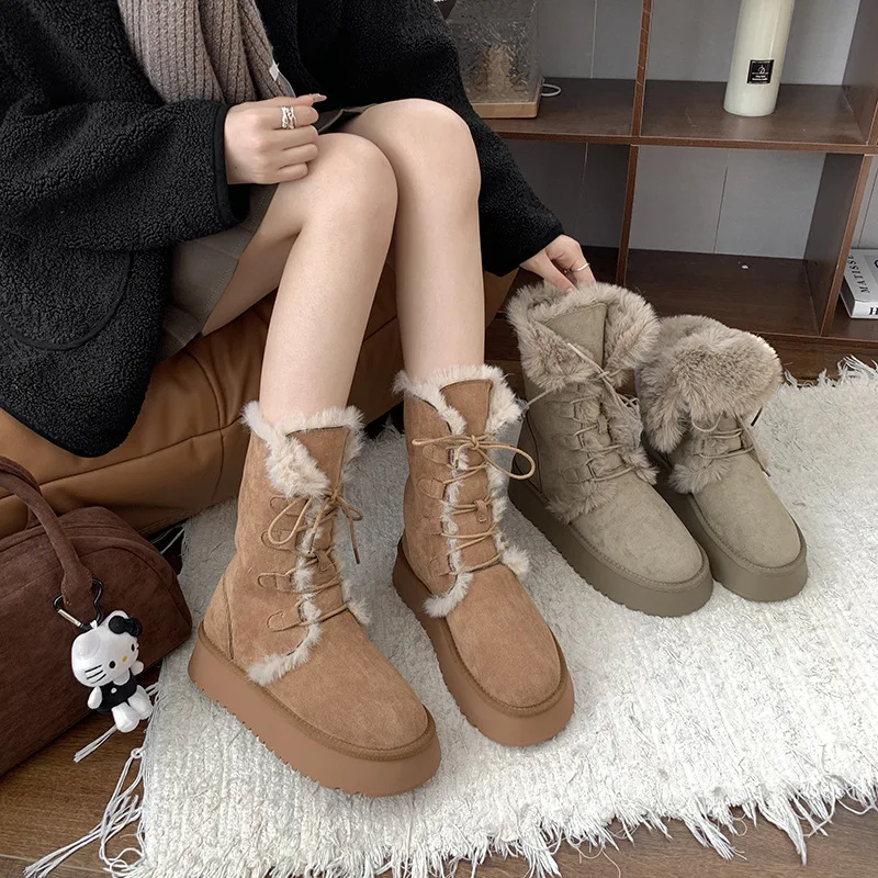 Fashion thick-soled versatile tall snow boots women's 2024 autumn and winter new warm and heightening snow boots cotton shoes