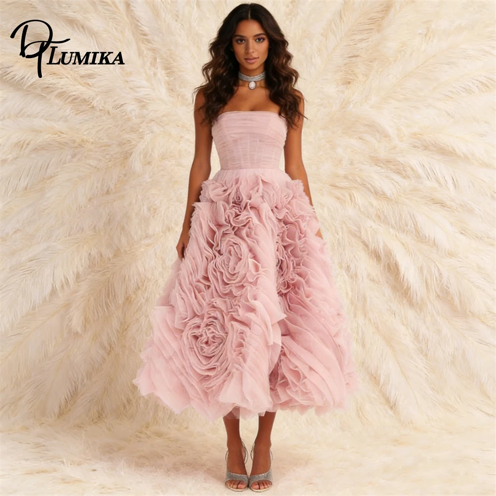 

Ladies Blush 3D Floral Ruffle Midi Dress Strapless Formal Cocktail Party Wedding Guest Elegant Chic Prom Birthday Gown
