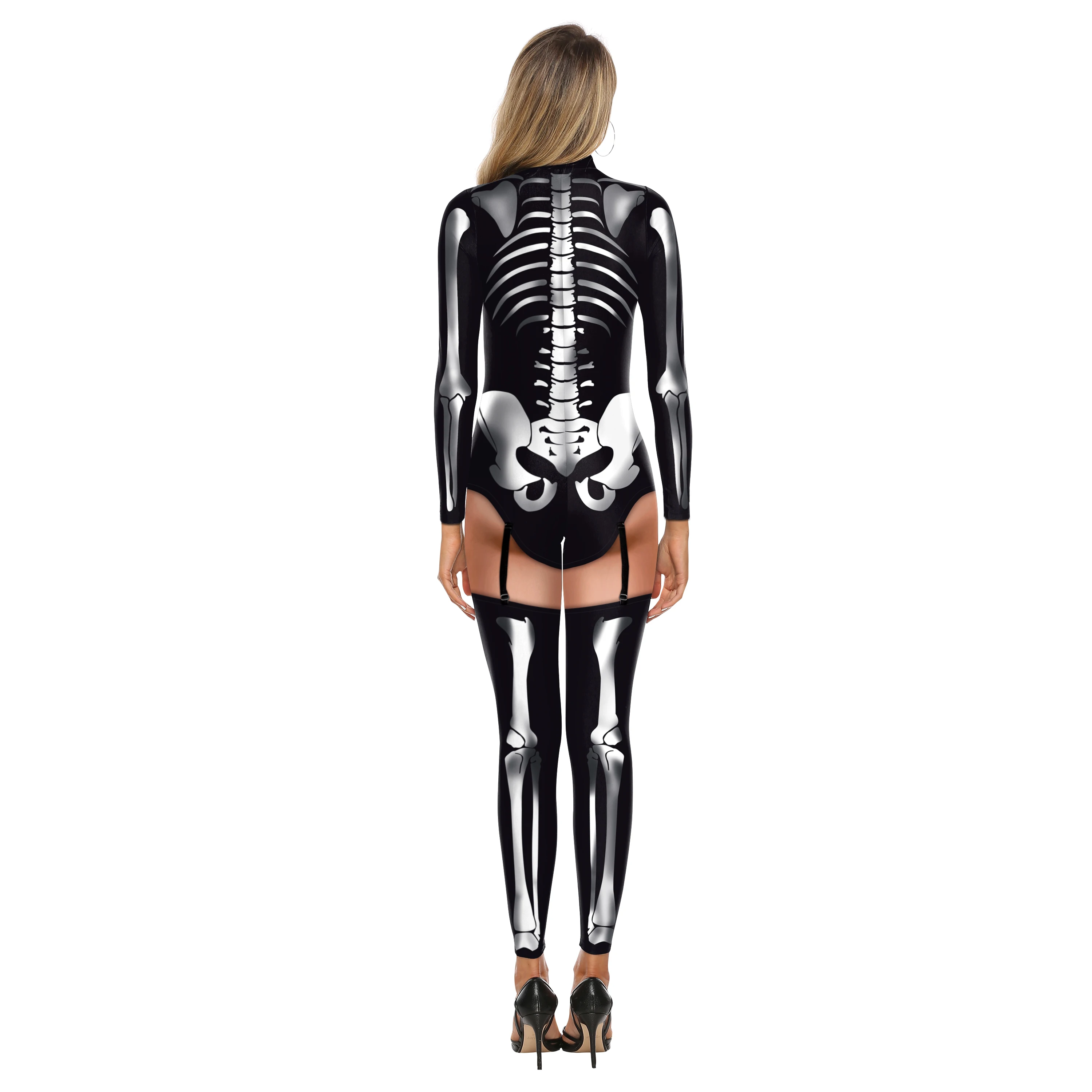 Mono de esqueleto dorado para Halloween, disfraz de bruja de fantasía, mono de carnaval, Catsuit de fiesta con cremallera, estampado 3D, Zentai