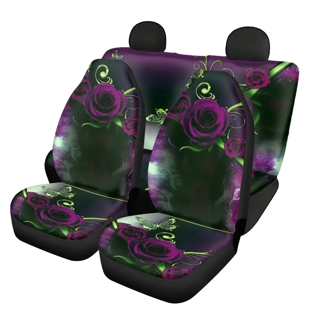 INSTANTARTS Auto Interior Accessories Fashion Gothic Purple Rose Flower Printing Universal Fit Car Seat Covers Durable Set of 4