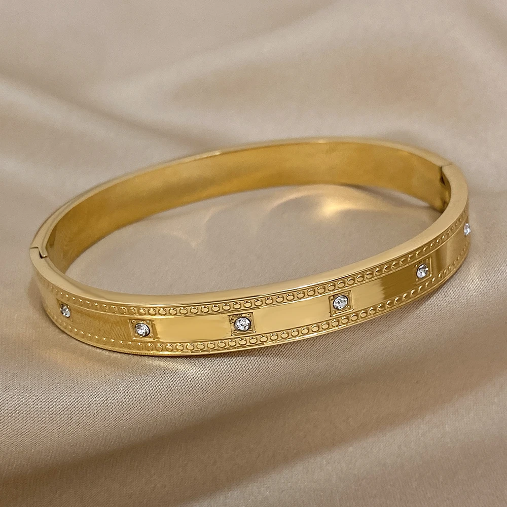 Greatera Intarsien Runde Zirkonia Edelstahl Manschette Armband Armreif für Frauen Vergoldet Wasserdicht Party Schmuck