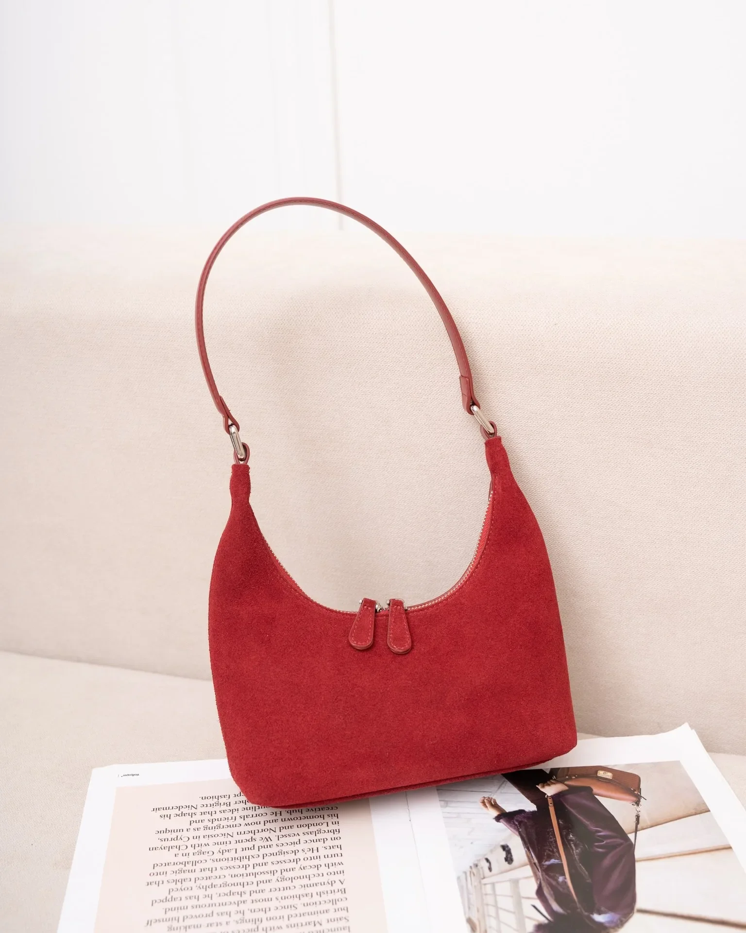 

Red women's suede matte cowhide underarm shoulder bag