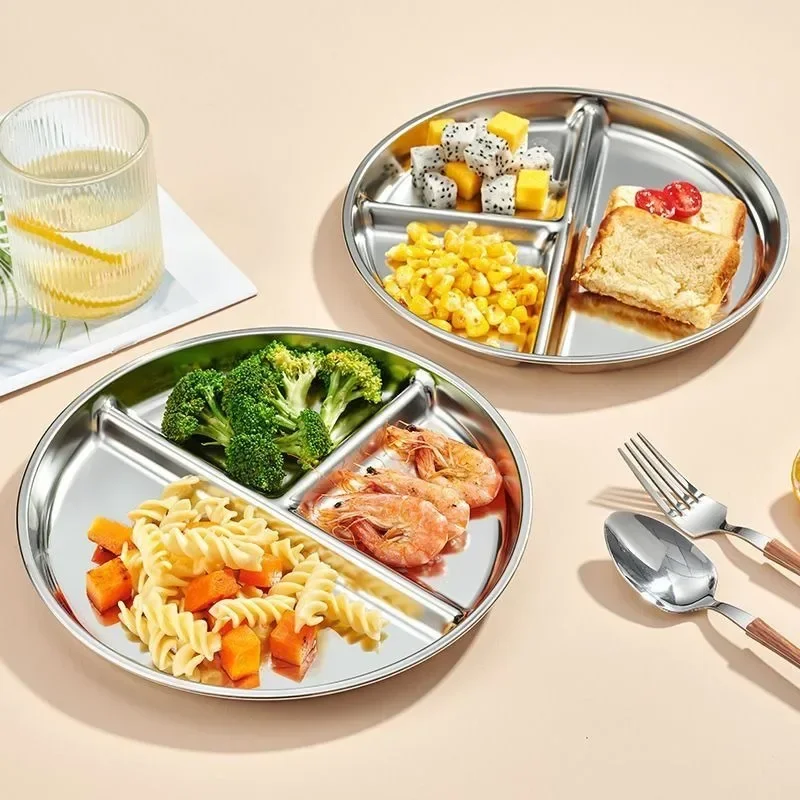 23CM Creative Round Stainless Steel 3 Grid Durable Dinner Plate Serving Tray For Kids Student Quantitative Proportion Meal Plate