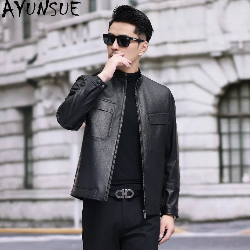 AYUNSUE طبقة علوية سترة جلد البقر الرجال 2025 الكورية نمط حقيقية سترات من الجلد رجل الوقوف طوق قصير معطف جلد أسود #4