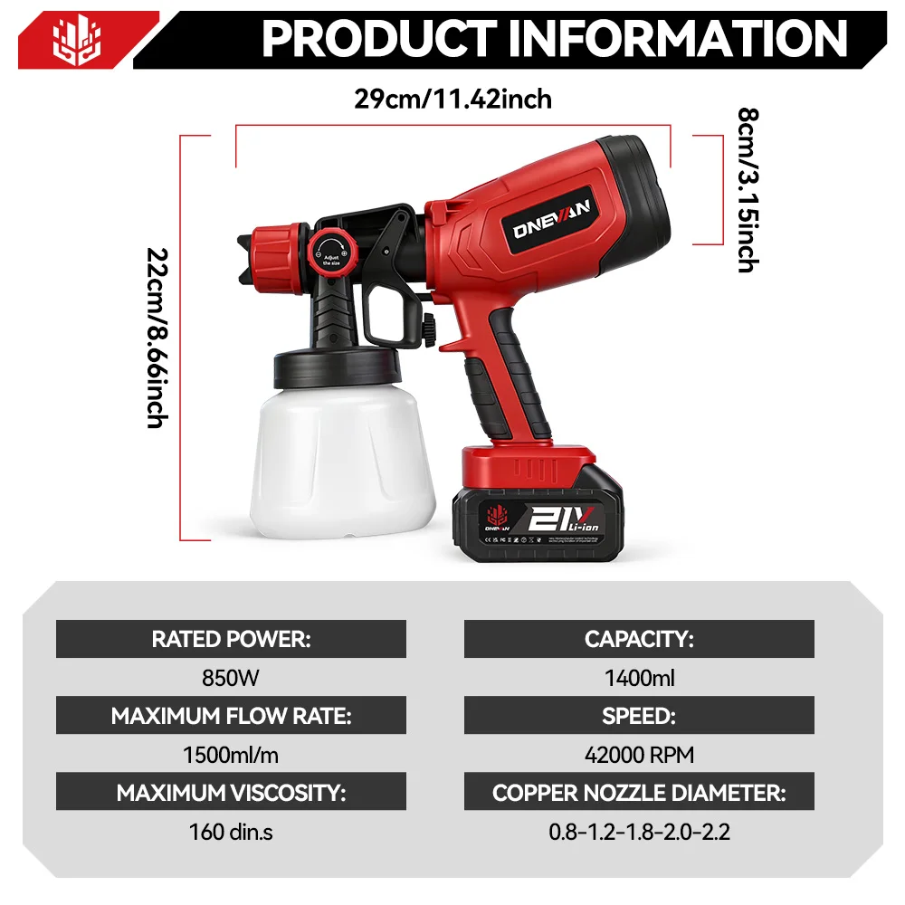 ONEVAN 1400ML Elektrische Spritzpistole, kabellos, tragbar, für Wand- und Geländeranstriche, Haushaltswerkzeug mit 5 Düsen, kompatibel mit Makita 18V Akku. – Detail 4