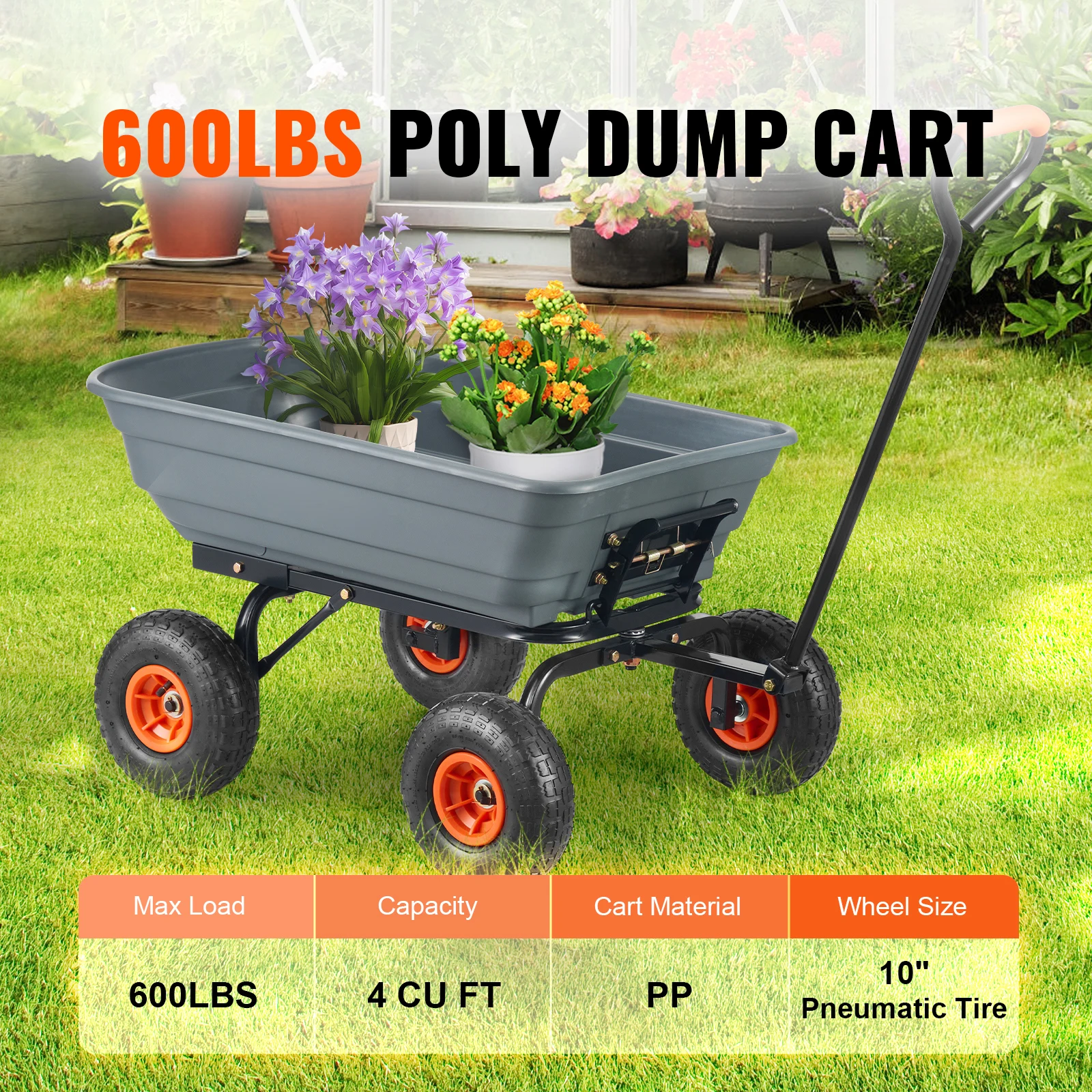 Garden Cart, Handy Wheelbarrow with 600 lbs Load Capacity, 10 inch Wheels, Durable Poly Dump Cart with Simple Assembly Steel Framework, Versatile Dump Cart with Dual-Function Handle