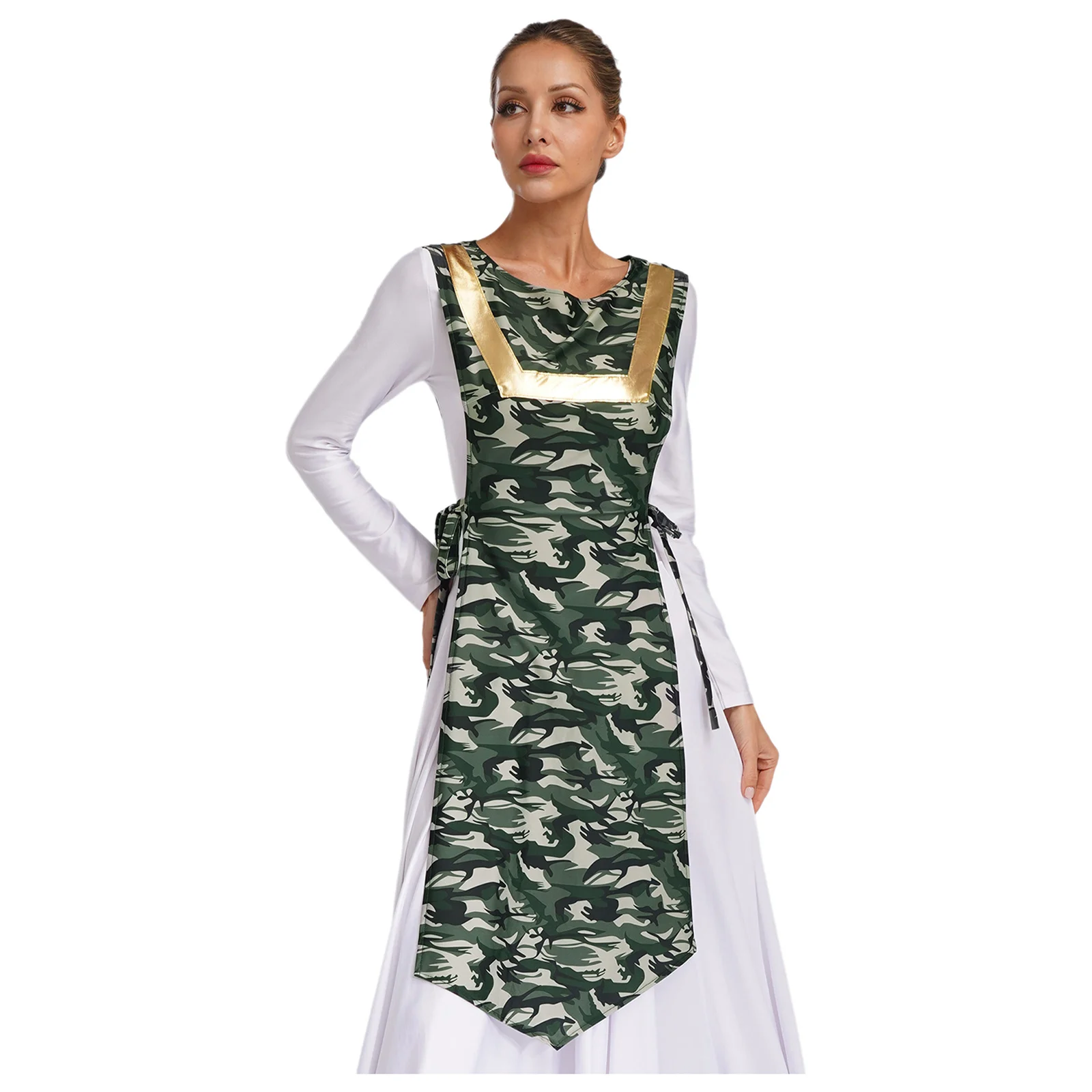 

Women Liturgical Praise Dance Tunic Costume Round Neck Sleeveless Camouflage Printed Sides Split Lace-Up Irregular Dancewear