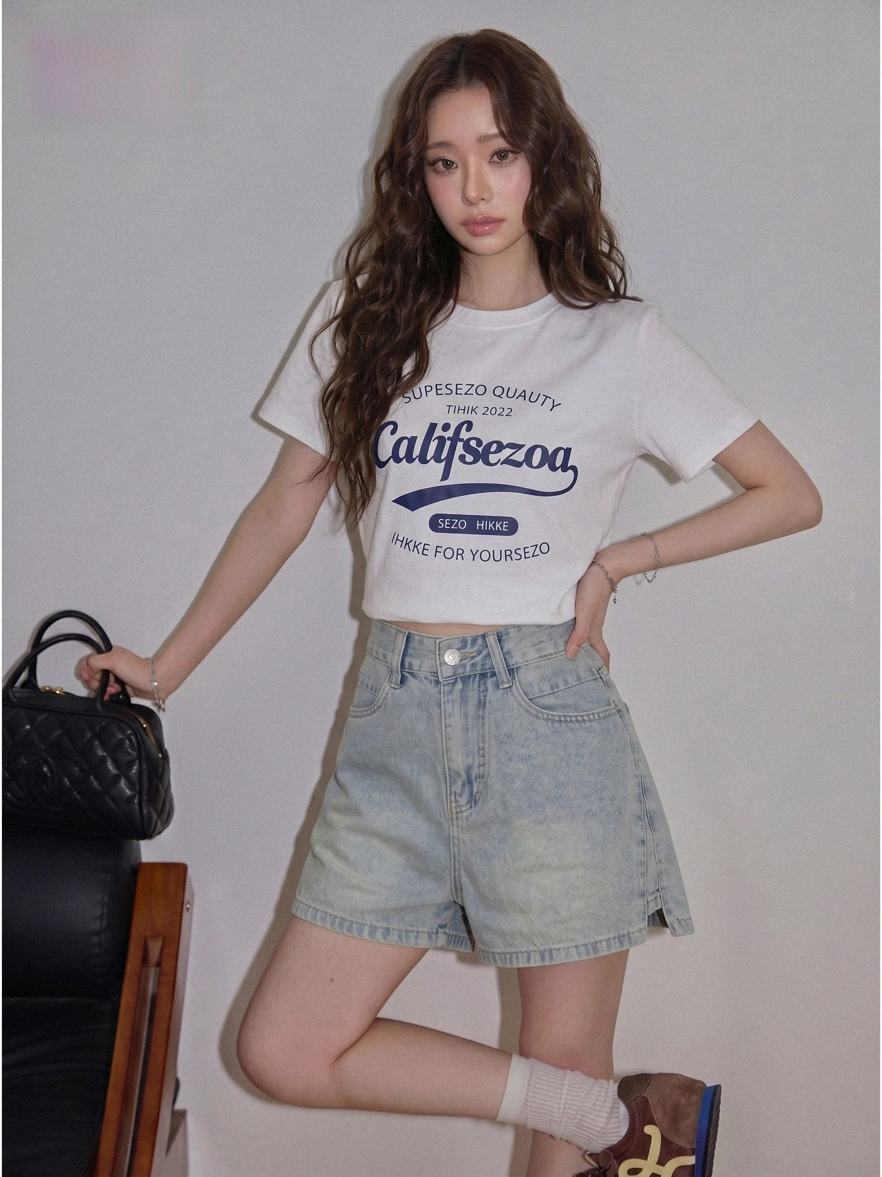 

Retro Blue American High Waist Denim Shorts Women's Summer Slimming Leg Lengthening A-Line Hot Pants Casual Loose Fit
