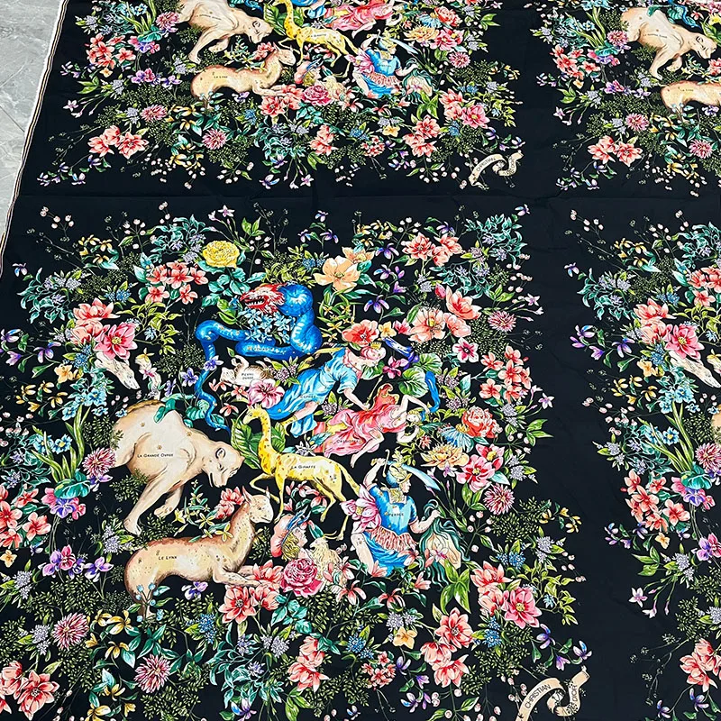 Designer Natural Cotton Fabric European Brand Fashion Flower Print Soft Polyester Satin Cloth for Dress Square Towel Diy Sewing
