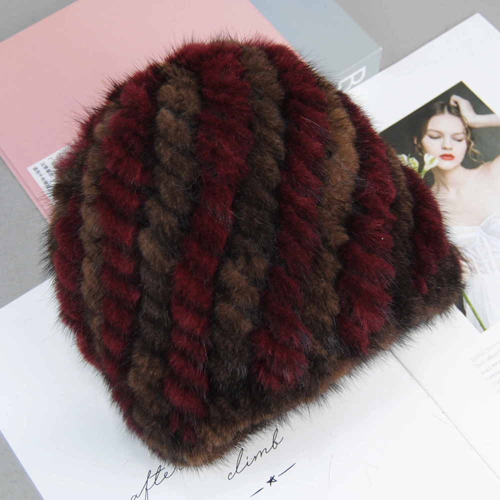 New Winter Lady Natural Mink Fur Beanies Hat Knit Warm Striped Genuine Mink Fur Cap Women Good Elastic Real Mink Fur Hats