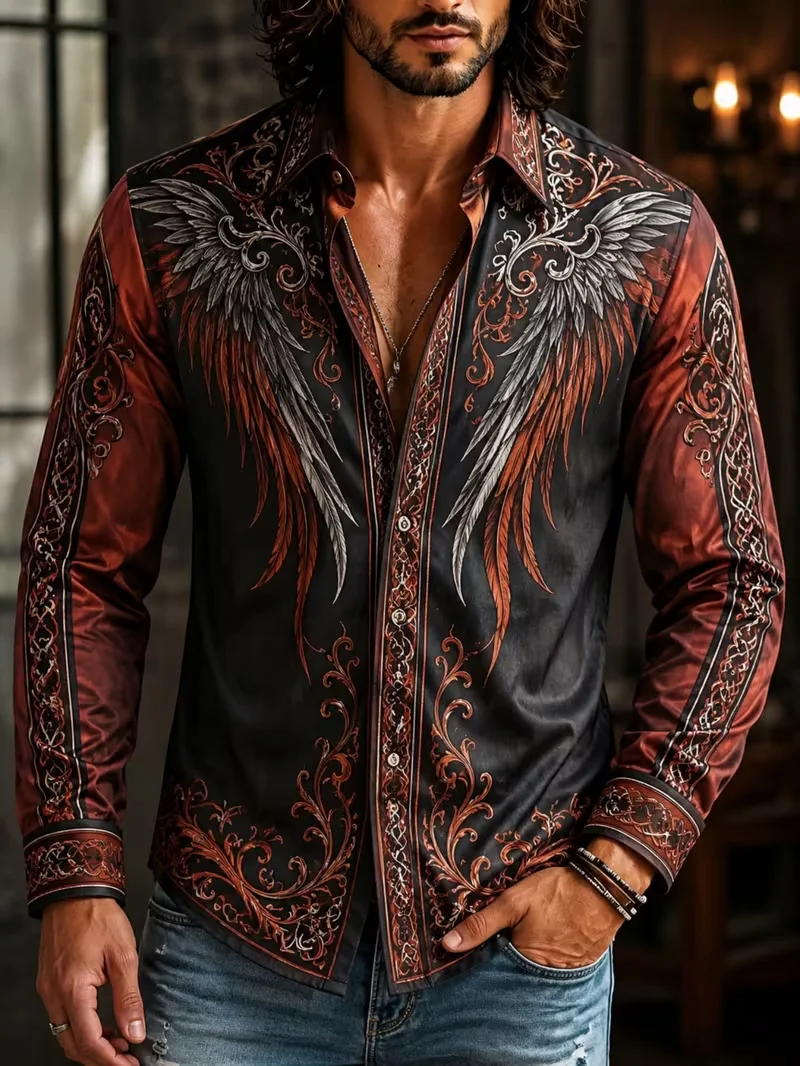 New cherry blossom ink powder printed shirt with Chinese style artistic and smooth men's slim fit long sleeved shirt