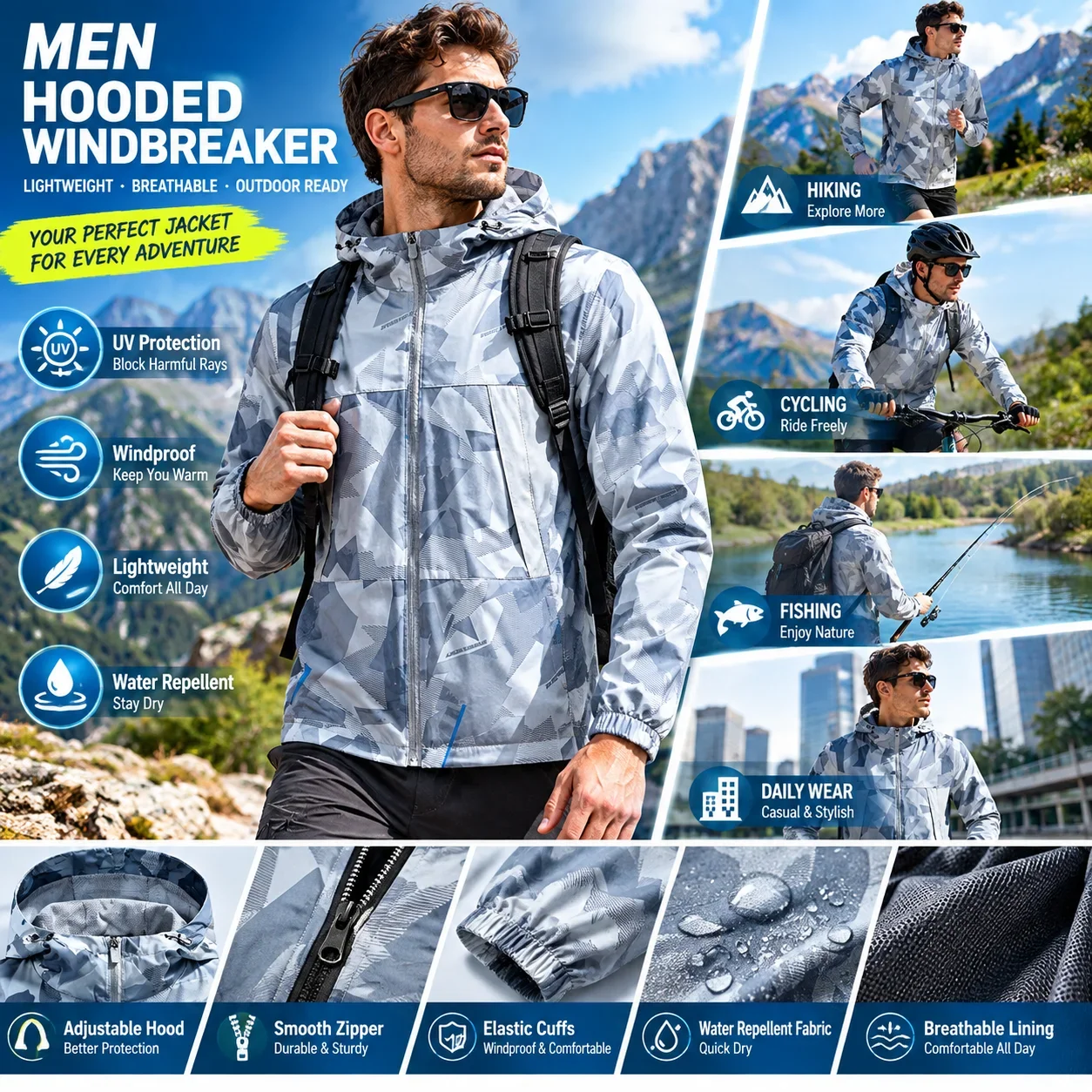 Male Hooded Summer Outdoor Sports Coat Long Sleeve Sun Block Windbreaker Lightweight For Jogging Hiking UV Protective Jacket