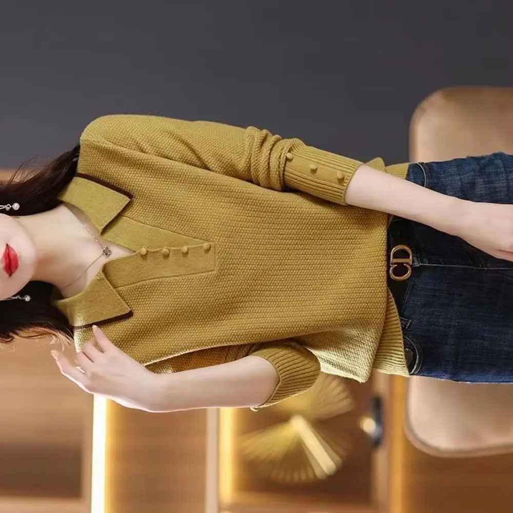 

Новинка 2026, весенне-осенний модный женский свитер, элегантный отложной пуловер, женский свободный вязаный низ, рубашка, женский джемпер