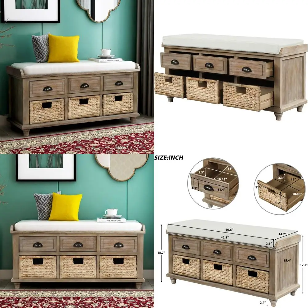 White Rattan Storage Bench with 3 Drawers and 3 Removable Baskets for Entryway, Home Organizer with Cushion