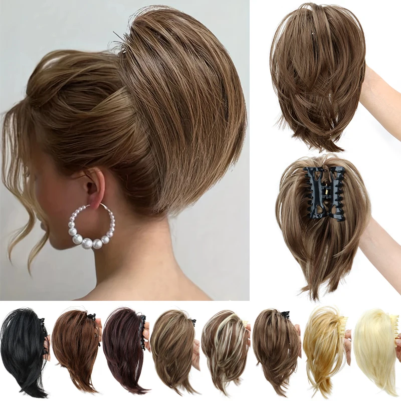 Grampo de cabelo elegante e bagunçado para mulheres, extensão de rabo de cavalo reto sintético e coque alto, fácil de usar, perfeito para uso diário
