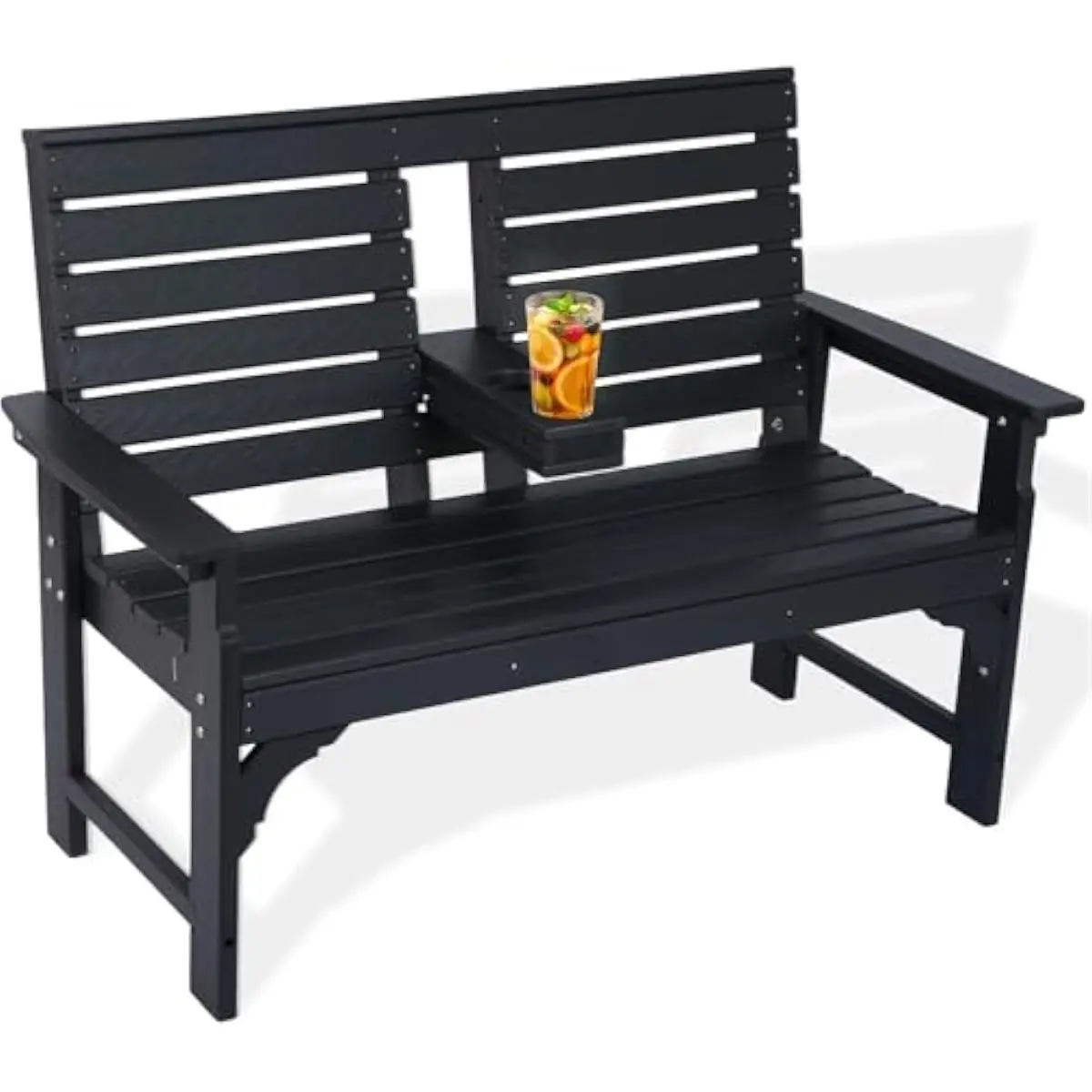 Weatherproof HDPE two-seat bench with integrated fold-down dual-cup holder, fade-resistant and rot-proof construction, 660-lb ca