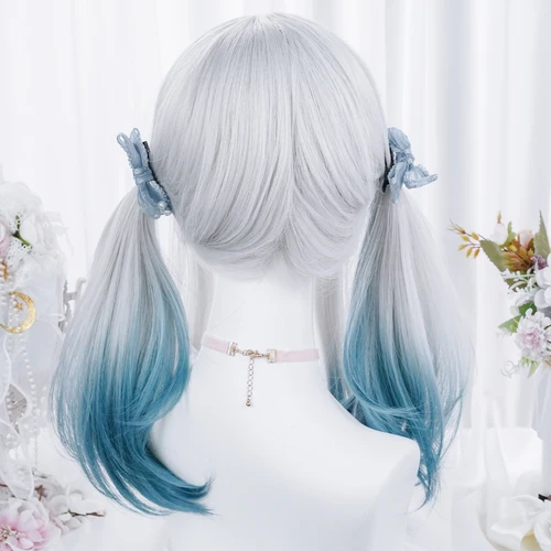 Imagen 2 del producto MSIWIGS-peluca sintética de Lolita para mujer, pelo largo liso ombré de dos tonos, plateado, gris y azul, para Cosplay con flequillo